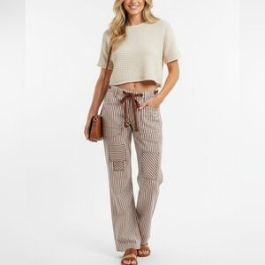 BiBi Womens Casual Drawstring Twill Barrel Striped Brown White Pants SM L XL